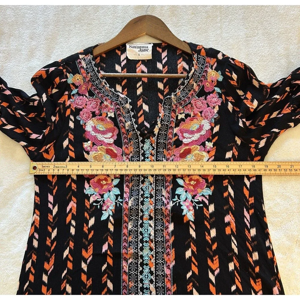 Savanna Jane Embroidered Boho Tunic Top Small Floral Peasant Festival Blouse - Picture 8 of 11